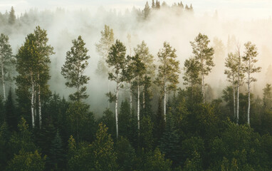 Misty Green Forest at Sunrise: Sunlight Through Fog Illuminating Tall Trees