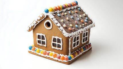 Gingerbread House with Colorful Candy Decorations on White Background