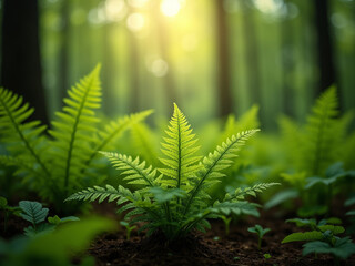 "Vivid Green Ferns in a Serene Forest with Sunlight Filtering Through the Canopy, Capturing Nature's Tranquility"