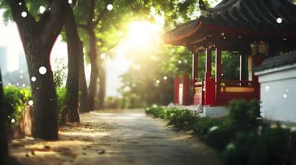 A peaceful path leads to a beautiful Asian style gazebo