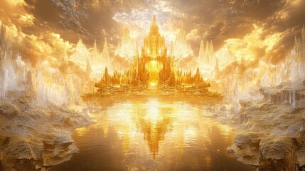 Majestic Golden Castle Surrounded by Glowing Landscape and Reflective Water at Sunset