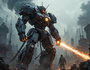 Fototapeta premium Giant Mech Robot in Post Apocalyptic City Artwork