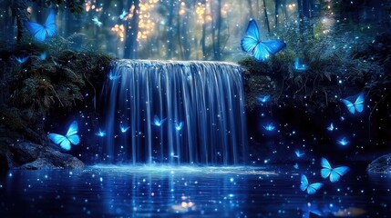 Serene Blue Butterflies Flying Around a Cascading Waterfall Surrounded by a Mystic Forest Landscape