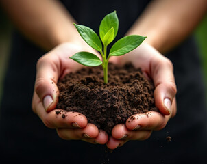 "Hands Cradling a Green Seedling Growing in Rich Soil: A Powerful Symbol of Nature, Growth, and Environmental Care"