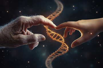 Elderly hand reaching towards a younger hand with a glowing translucent dna helix connecting them, concept of inheritance, genetics, biotechnology