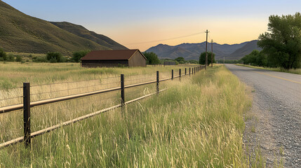 A rural landscape features a barn and a road in nature