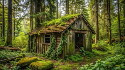 A weathered wooden shack sits precariously in the midst of a dense forest, overgrown with vines and moss, as if nature is slowly reclaiming it , overgrowth, decay