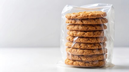 Crunchy oatmeal cookies stacked high in a clear plastic bag with a soft white background, perfect for snacking on the go, breakfast, plastic bag