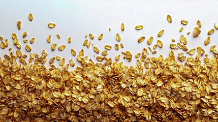 Brown Oatmeal Grain Heap on Beige Background Topview Group Shot for Breakfast Agriculture Photos