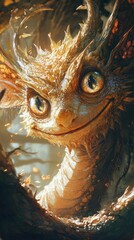 A charming friendly dragon smiles towards the viewer from the forest