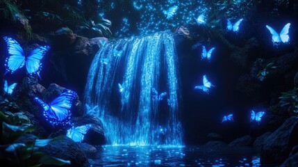 Obraz premium Enchanting Blue Butterflies Surrounding a Serene Waterfall in a Lush Green Paradise