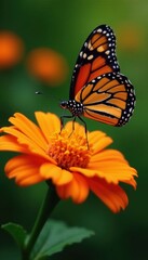 Fototapeta premium Close-up of monarch butterfly sipping nectar from bright orange petals , vibrant color, plant