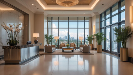 Fototapeta premium Luxurious hotel lobby and lounge interior featuring golden furniture ivory couch high ceiling and panoramic city view through large windows Hotel Interior Design Inspiration