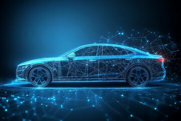 A futuristic electric car depicted in a blue digital network