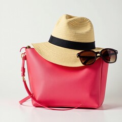 Stylish summer hat & sunglasses casually draped over a chic handbag , style, trendy, raffia