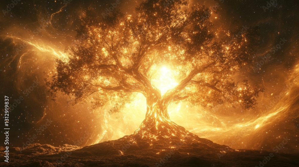 Poster enchanted tree with cosmic glow surrounded by celestial background and sparkling stars