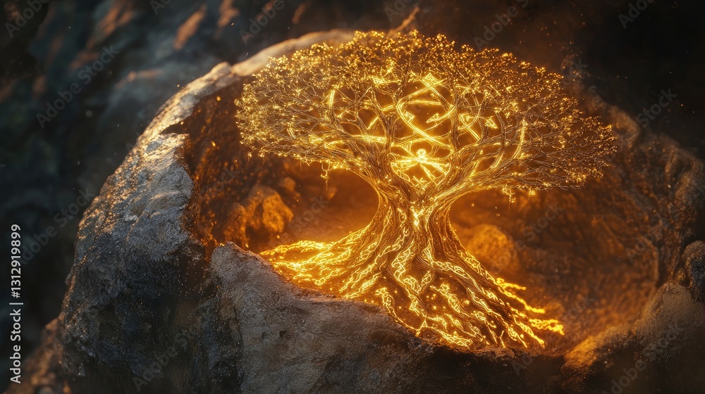 Poster glowing tree of life emerging from rock with intricate light patterns and magical aura in dark fanta