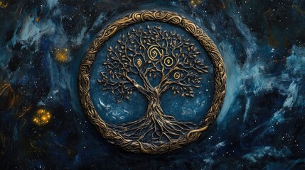Intricate Tree of Life Representing Connection to Nature in Cosmic Background with Celestial Elements
