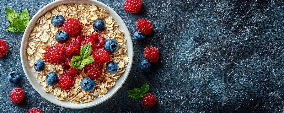 Healthy rolled oatmeal in a rustic bowl perfect for a nourishing breakfast meal packed with wholesome oats for a delightful start to your day.