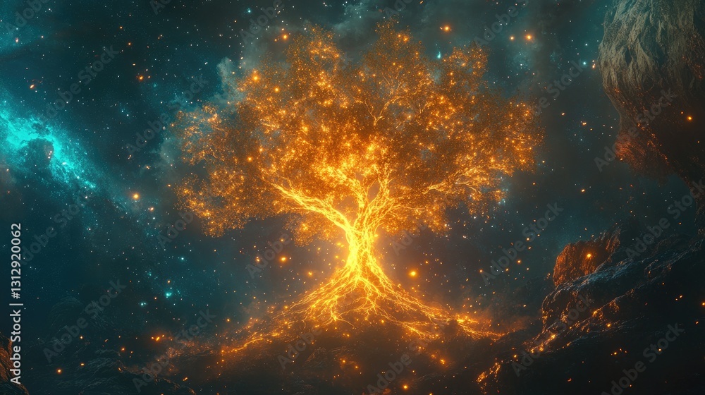 Poster cosmic tree of life illuminated by glowing particles in a starry space background