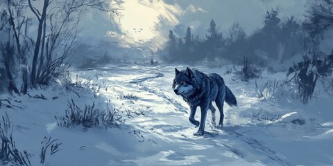 Wolf walking through snowy landscape at dusk nature scene serene environment
