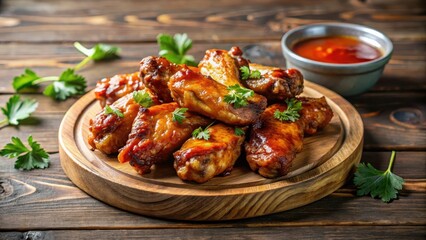 Crispy chicken wings in a sweet and tangy BBQ sauce glaze, served on a rustic wooden platter, appetizer, platter