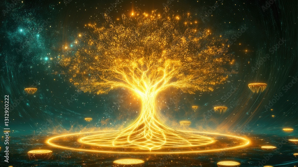 Poster majestic glowing tree with shimmering light surrounded by a cosmic atmosphere and floating platforms