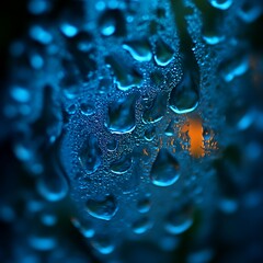 Night dew drops on glass, bokeh background, macro