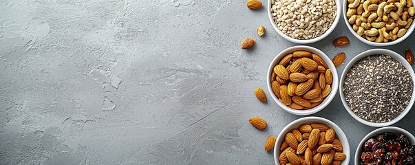 Top view of a white bowl filled with an assortment of nuts berries and seeds on a grey background perfect for showcasing healthy superfoods