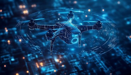 Futuristic drone with a digital interface and data overlay