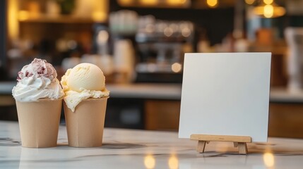 Elegant cafe counter featuring a blank whiteboard and a plate of fresh icecream scoop, perfect for dessert promotions or event announcements.