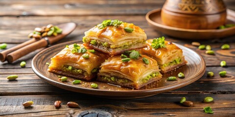 Baklava plate with layers of flaky pastry, chopped pistachios and honey on rustic wooden table
