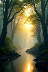 Fototapeta premium Misty Autumn Forest at Sunrise with Soft Sunlight Filtering Through the Trees Phone Wallpaper