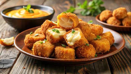 Fried chili cheese nuggets on a plate with melted cheese and crunchy exterior, savory, restaurant food