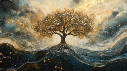 Majestic Tree at Twilight Against Swirling Cosmic Background of Stars and Waves
