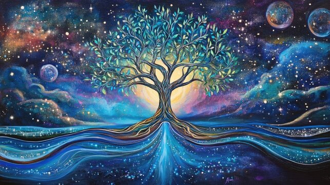 Enchanted Tree of Life in Cosmic Landscape with Colorful Galaxies and Vibrant Night Sky