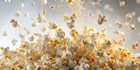 Delicate buttered popcorn kernels exploding in a burst of fluffy white goodness, showcasing intricate details and textures, delicious snacks, kitchen food