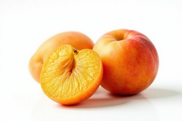 Plump, sun-dried apricots against pure white backdrop , dehydrated, rustic, food