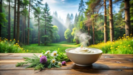A steaming bowl of creamy white yogurt sits atop a rustic wooden table amidst a lush green forest landscape surrounded by towering trees and vibrant wildflowers , forest, table