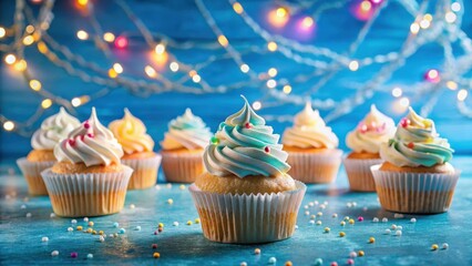 Moist vanilla sponge cake sitting atop a colorful assortment of cupcakes and surrounded by twinkling blue fairy lights on a bright blue background, cake, cupcakes