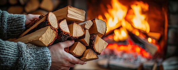 Cozy winter moments by the open fireplace as hands place firewood and kindling into the flames creating warmth and comfort at home with a crackling fire.