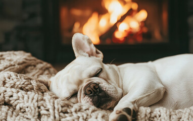 White French Bulldog Napping by a Warm Fireplace