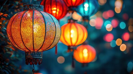 Vibrant generative AI hanging lanterns celebrate light and decoration in Asia, showcasing the beauty of Chinese lamp designs for festive occasions.