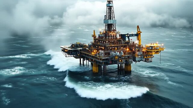 Offshore Oil Rig in Stormy Sea: Captivating view of an offshore oil rig battling against the intense power of the ocean, under a dramatic and cloudy sky. 