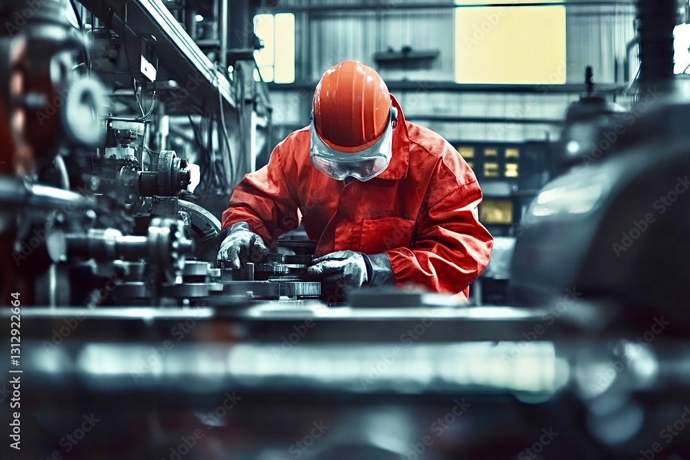 Poster factory worker assembling machine parts on production line