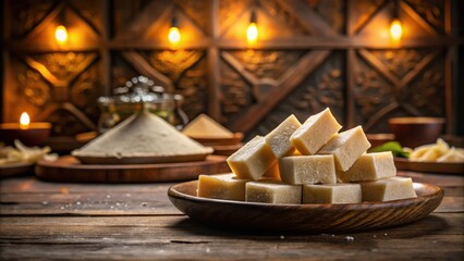 Delicious Kaju Katli Indian sweet placed on a dark wood plate with a blurred background of old wooden furniture and dim lighting, dim light, moody background