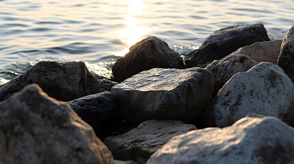 Obraz premium Golden Hour Rocks by the Sea, Serene Coastal Stones at Sunset