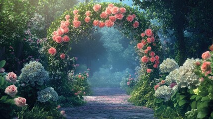 Dreamy Floral Archway with Blooming Roses and Lush Garden Pathway in Soft Morning Light