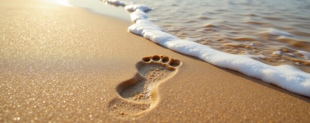 Clear footprint in wet sand, tide receding, smooth surface, track, texture
