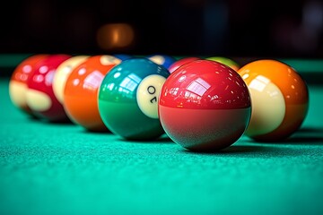 Closeup of Colorful Billiard Balls on a Green Felt Table